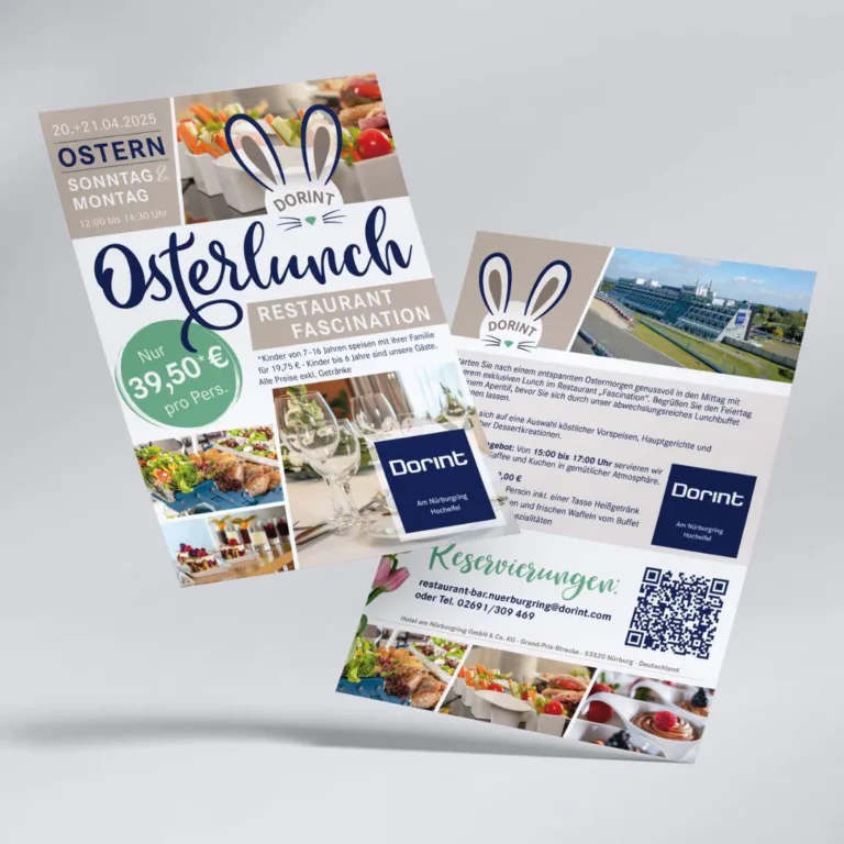 Flyer für den Osterlunch im Dorint Hotel am Nürburgring mit Hasenohren-Logo, Preisangabe und Buffetbildern