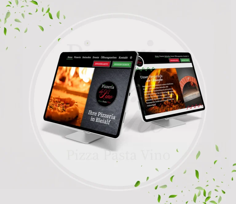 Zwei Monitore mit der Website der Pizzeria da Lino in Bleialf, mit Pizzaofen und Speisekarte im Fokus